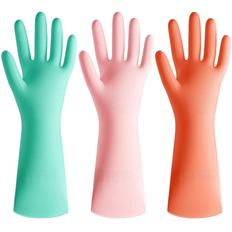 Wsaeig Rubber Cleaning Dishwashing Kitchen-Gloves - 3 Pairs Colorful Dish Gloves,Kitchen Glove for Washing Dishes,Reusable Rubber Glives for Dishwashing,Pink Orange Mint Green Large. - Image 1